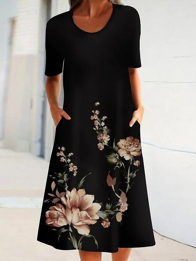 Women's Casual Dress Midi Dress Black Short Sleeve Floral Ruched Spring Summer Crew Neck Casual 2023 S M L XL XXL 3XL 3 Women's Casual Dress Midi Dress Black Short Sleeve Floral Ruched Spring Summer Crew Neck Casual 2023 S M L XL XXL 3XL