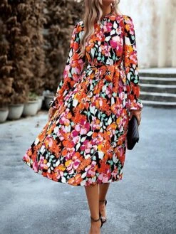 Women's Casual Dress Print Dress Floral Print Crew Neck Bishop Sleeve Long Dress Maxi Dress Elegant Date Long Sleeve Slim Black Pink Blue Fall S M L XL -BONIU Clothing Shop awjfrj1697015383282