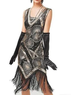 Women's Retro 1920s Fringe Dress Midi Dress Party Halloween Sequins Tassel Fringe Geometric V Neck Sleeveless Regular Fit Spring Fall 2023 Black Red XS S M L