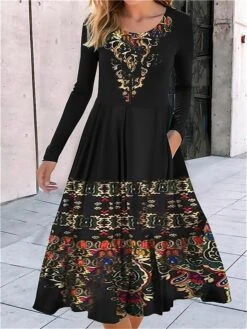 Women's Casual Dress Swing Dress A Line Dress Floral Pocket Print Crew Neck Midi Dress Fashion Streetwear Outdoor Daily Long Sleeve Regular Fit Black Navy Blue Spring Fall S M L XL XXL