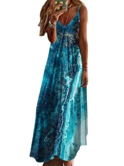 Women's Long Dress Maxi Dress Casual Dress Color Gradient Marbling Fashion Vacation Print Sleeveless Strap Dress Regular Fit Navy Blue Royal Blue Blue Summer Spring S M L XL XXL -BONIU Clothing Shop cdjluw1681463532734