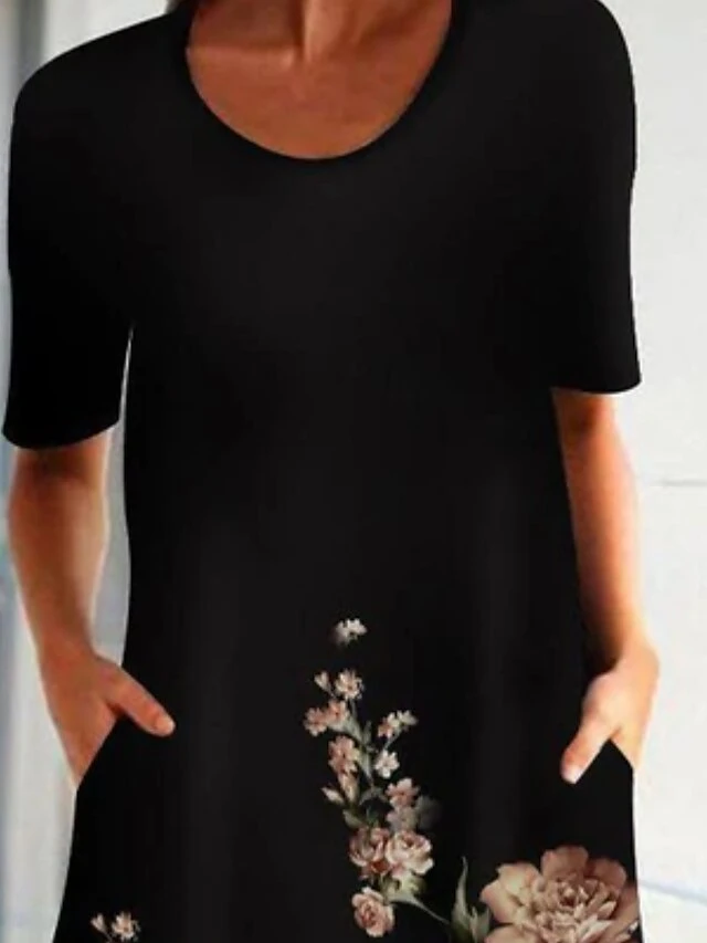 Women's Casual Dress Midi Dress Black Short Sleeve Floral Ruched Spring Summer Crew Neck Casual 2023 S M L XL XXL 3XL 4 Women's Casual Dress Midi Dress Black Short Sleeve Floral Ruched Spring Summer Crew Neck Casual 2023 S M L XL XXL 3XL - Image 2