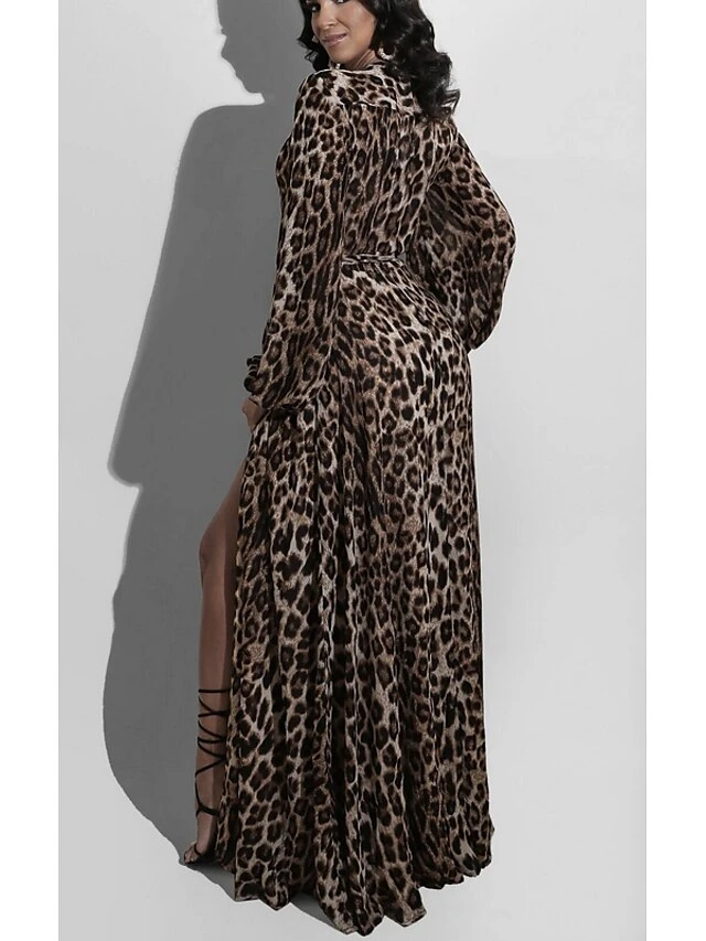Women's Long Dress Maxi Dress Brown Long Sleeve Leopard Print Fall V Neck Winter Dress Fall Dress S M L XL XXL 4 Women's Long Dress Maxi Dress Brown Long Sleeve Leopard Print Fall V Neck Winter Dress Fall Dress S M L XL XXL - Image 2