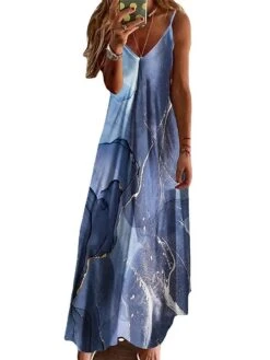 Women's Long Dress Maxi Dress Casual Dress Color Gradient Marbling Fashion Vacation Print Sleeveless Strap Dress Regular Fit Navy Blue Royal Blue Blue Summer Spring S M L XL XXL -BONIU Clothing Shop cywrtp1681463528517