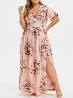 Women‘s Plus Size Curve Floral Dress Floral V Neck Split Long Sleeve Spring Summer Elegant Maxi Long Dress Holiday Date Dress