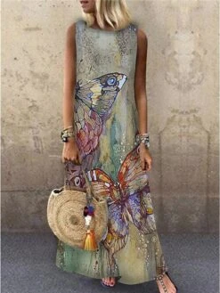 Women's Butterfly Long Dress Maxi Dress Light Yellow Light Blue Yellow Sleeveless Animal Print Spring Summer Crew Neck Loose Fit S M L XL XXL 3XL