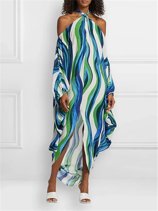 Women's Long Dress Maxi Dress Casual Dress Halter Neck Dress Print Dress Color Block Striped Streetwear Casual Outdoor Holiday Going Out Split Cold Shoulder Long Sleeve Halter Dress Regular Fit Red 5 Women's Long Dress Maxi Dress Casual Dress Halter Neck Dress Print Dress Color Block Striped Streetwear Casual Outdoor Holiday Going Out Split Cold Shoulder Long Sleeve Halter Dress Regular Fit Red - Image 3