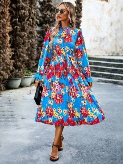 Women's Casual Dress Print Dress Floral Print Crew Neck Bishop Sleeve Long Dress Maxi Dress Elegant Date Long Sleeve Slim Black Pink Blue Fall S M L XL -BONIU Clothing Shop elaihm1697015384166
