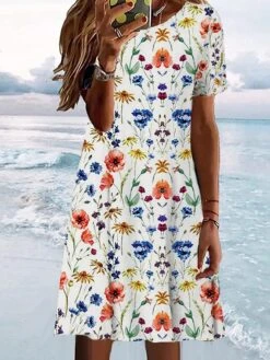 Women's T Shirt Dress Casual Dress Summer Dress Graphic Floral Print Crew Neck Mini Dress Fashion Modern Daily Holiday Short Sleeve Regular Fit White Dark Blue Beige Summer Spring S M L XL XXL