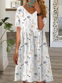 Women's T Shirt Dress Casual Dress Summer Dress Floral Butterfly Print V Neck Mini Dress Active Fashion Outdoor Daily Short Sleeve Loose Fit Light Pink White Yellow Summer Spring S M L XL XXL -BONIU Clothing Shop fmsrnb1690523644455