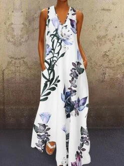 Women's Long Dress Maxi Dress Blue Yellow White Sleeveless Floral Print Spring Summer V Neck Hot 2023 S M L XL XXL 3XL 4XL 5XL