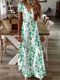 Women's Long Dress Maxi Dress Casual Dress A Line Dress Floral Dress Leaf Floral Fashion Casual Outdoor Daily Vacation Print Short Sleeve V Neck Dress Regular Fit Light Green Purple Summer Spring S M