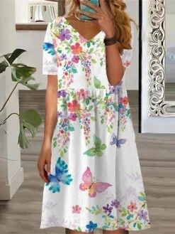 Women's T Shirt Dress Casual Dress Summer Dress Floral Butterfly Print V Neck Mini Dress Active Fashion Outdoor Daily Short Sleeve Loose Fit Light Pink White Yellow Summer Spring S M L XL XXL