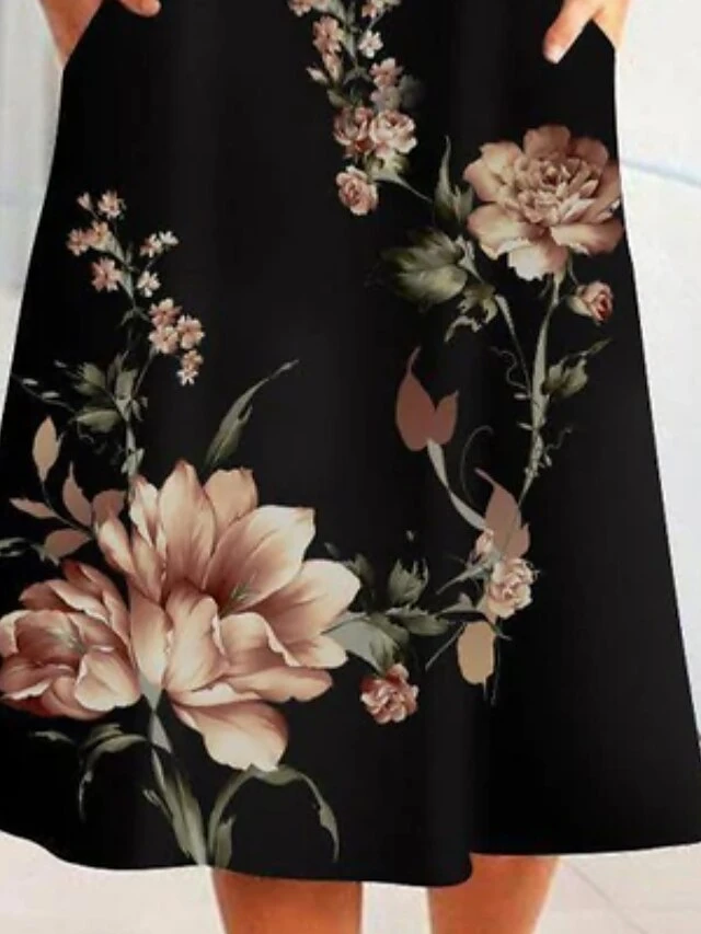 Women's Casual Dress Midi Dress Black Short Sleeve Floral Ruched Spring Summer Crew Neck Casual 2023 S M L XL XXL 3XL 5 Women's Casual Dress Midi Dress Black Short Sleeve Floral Ruched Spring Summer Crew Neck Casual 2023 S M L XL XXL 3XL - Image 3