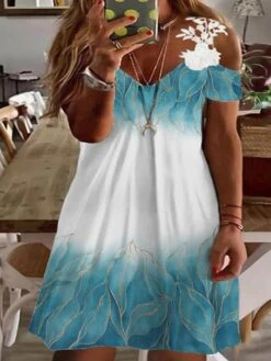 Women‘s Plus Size Curve Casual Dress Lace Dress Floral Gradient Midi Dress Short Sleeve Lace Patchwork Strap Fashion Outdoor White Blue Summer Spring L XL XXL 3XL 4XL