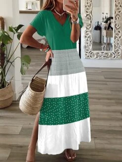 Women's Casual Dress A Line Dress Floral Dress Polka Dot Color Block Split Print V Neck Long Dress Maxi Dress Fashion Streetwear Outdoor Daily Short Sleeve Regular Fit Black Light Green Blue Summer -BONIU Clothing Shop ixhavs1687152198190
