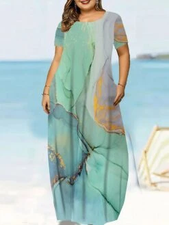 Women‘s Plus Size Curve Casual Dress Graphic Marbling Long Sweater Dress Maxi Sweater Dress Sleeveless Pocket Print Crew Neck Fashion Daily Light Green Light Blue Summer Spring