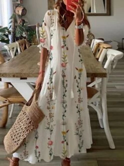 Women's A Line Dress Maxi Long Dress White Half Sleeve Floral Print Spring Summer V Neck Fashion Modern 2023 3XL