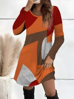 Women's T Shirt Dress Casual Dress Winter Dress Geometric Color Block Print Crew Neck Midi Dress Active Fashion Outdoor Street Long Sleeve Loose Fit Pink Blue Orange Spring Fall S M L XL XXL