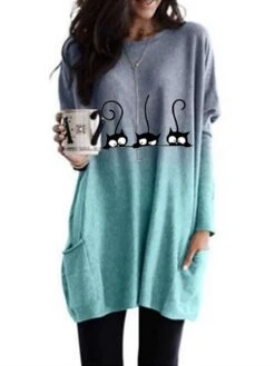 Women's T Shirt Dress Tee Dress Knee Length Dress Pink Blue Purple Long Sleeve Cat Patchwork Spring Fall Crew Neck Casual Winter Dress Fall Dress Loose Fit 2023 S M L XL XXL 3XL 4XL 5XL -BONIU Clothing Shop kacsku1630912470926
