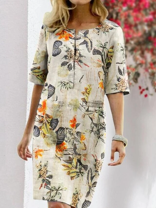 Women's Casual Dress Midi Dress Red Navy Blue Beige Half Sleeve Floral Patchwork Summer Spring Crew Neck Casual Linen S M L XL XXL 3XL 4XL 5 Women's Casual Dress Midi Dress Red Navy Blue Beige Half Sleeve Floral Patchwork Summer Spring Crew Neck Casual Linen S M L XL XXL 3XL 4XL - Image 3