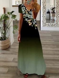 Women's Long Dress Maxi Dress Casual Dress Summer Dress Print Dress Floral Ombre Fashion Streetwear Outdoor Daily Date Print Short Sleeve V Neck Dress Regular Fit Light Green Pink Navy Blue Summer
