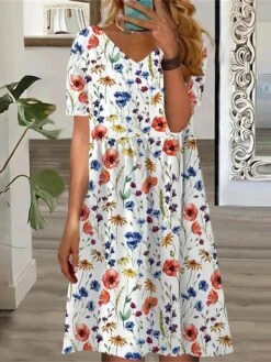 Women's T Shirt Dress Casual Dress Summer Dress Floral Butterfly Print V Neck Mini Dress Active Fashion Outdoor Daily Short Sleeve Loose Fit Light Pink White Yellow Summer Spring S M L XL XXL -BONIU Clothing Shop mrusih1690523643658