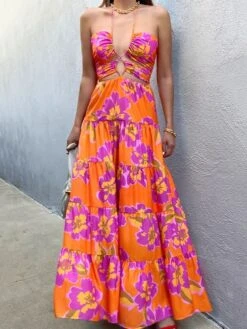 Women's Long Dress Maxi Dress Casual Dress A Line Dress Summer Dress Floral Fashion Hot Daily Holiday Date Backless Cold Shoulder Sleeveless Spaghetti Strap Dress Regular Fit Red Summer Spring S M L