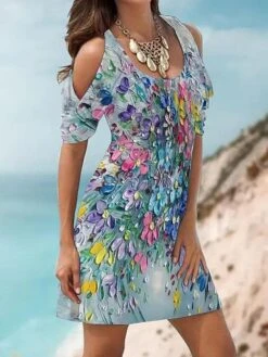 Women's Beach Dress Resort Wear Beach Wear Mini Dress Cold Shoulder Print Basic Fashion Butterfly Crewneck Short Sleeve Regular Fit Outdoor Daily Blue Sky Blue 2023 Spring Summer S M L XL