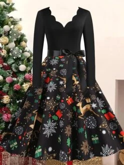 Women's Christmas Casual Dress Swing Dress Vintage Dress Midi Dress Black Wine Orange Long Sleeve Animal Bow Winter Fall Autumn V Neck 2022 S M L XL XXL 3XL