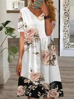 Women's T Shirt Dress Casual Dress Summer Dress Floral Butterfly Print V Neck Mini Dress Active Fashion Outdoor Daily Short Sleeve Loose Fit Light Pink White Yellow Summer Spring S M L XL XXL -BONIU Clothing Shop nzxbmy1690523645312