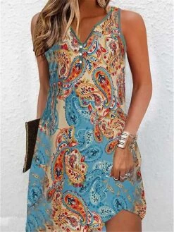 Women's Casual Dress Tank Dress Summer Dress Floral Geometric Button Print Split Neck Mini Dress Active Fashion Outdoor Daily Sleeveless Regular Fit Wine Navy Blue Blue Summer Spring S M L XL XXL