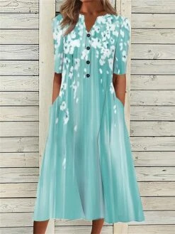 Women's Casual Dress Summer Dress Print Dress Floral Ombre Button Pocket V Neck Midi Dress Fashion Modern Outdoor Street Short Sleeve Loose Fit Blue Green Summer Spring S M L XL XXL