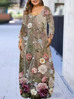 Women‘s Plus Size Curve Casual Dress Floral V Neck Long Sleeve Fall Spring Elegant Casual Maxi Long Dress Outdoor Daily Dress