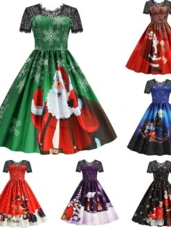 Women's Christmas Knee Length Dress Blue Purple Wine Green Black Red Short Sleeve Print Lace Print Fall Winter Round Neck CasualRegular Fit 2021 S M L XL XXL 3XL