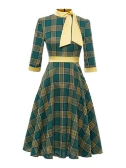 Women's Casual Dress Swing Dress Knee Length Dress Midi Dress Green 3/4 Length Sleeve Plaid Print Fall Winter Autumn Turtleneck Stylish 2023 S M L XL 2XL