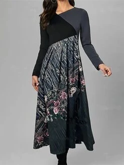 Women's Casual Dress Winter Dress A Line Dress Leaf Floral Ruched Patchwork Crew Neck Long Dress Maxi Dress Fashion Streetwear Outdoor Daily Long Sleeve Regular Fit Black Navy Blue Fall Winter S M L -BONIU Clothing Shop phxqbe1694764402815