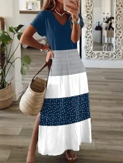 Women's Casual Dress A Line Dress Floral Dress Polka Dot Color Block Split Print V Neck Long Dress Maxi Dress Fashion Streetwear Outdoor Daily Short Sleeve Regular Fit Black Light Green Blue Summer -BONIU Clothing Shop plciyn1687152196128