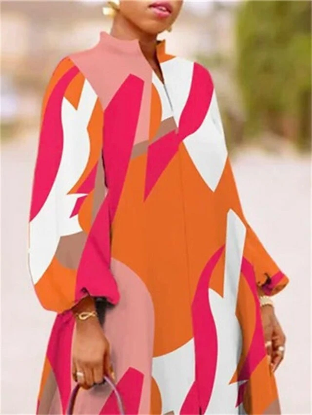 Women's Casual Dress Swing Dress Print Dress Knee Length Dress Blue Orange Long Sleeve Print Print Fall Winter Autumn Stand Collar Stylish Winter Dress Fall Dress Loose Fit 2023 S M L XL 2XL 4 Women's Casual Dress Swing Dress Print Dress Knee Length Dress Blue Orange Long Sleeve Print Print Fall Winter Autumn Stand Collar Stylish Winter Dress Fall Dress Loose Fit 2023 S M L XL 2XL - Image 2