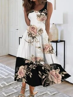 Women's Casual Dress Swing Dress A Line Dress Floral Print U Neck Midi Dress Active Fashion Outdoor Daily Sleeveless Regular Fit Black And White Black White Summer Spring S M L XL XXL -BONIU Clothing Shop puvmbs1689830629577