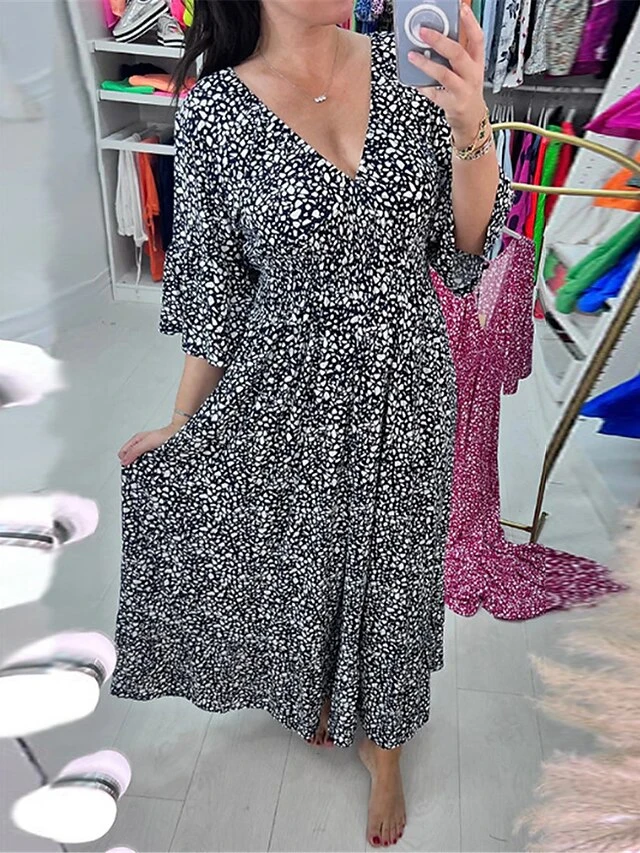 Women's Casual Dress Swing Dress A Line Dress Floral Print V Neck Long Dress Maxi Dress Fashion Streetwear Outdoor Street 3/4 Length Sleeve Loose Fit Black Yellow Red Fall S M L XL XXL 5 Women's Casual Dress Swing Dress A Line Dress Floral Print V Neck Long Dress Maxi Dress Fashion Streetwear Outdoor Street 3/4 Length Sleeve Loose Fit Black Yellow Red Fall S M L XL XXL - Image 3