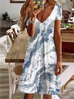 Women's Casual Dress Summer Dress Print Dress Ombre Marble Print Print V Neck Mini Dress Active Fashion Outdoor Daily Short Sleeve Regular Fit Gray Summer Spring S M L XL XXL