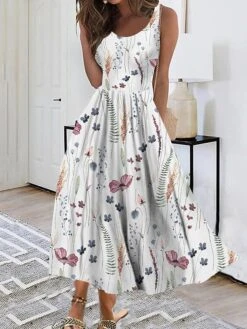 Women's Casual Dress Swing Dress A Line Dress Floral Print U Neck Midi Dress Active Fashion Outdoor Daily Sleeveless Regular Fit Black And White Black White Summer Spring S M L XL XXL -BONIU Clothing Shop qucmqn1689830629132
