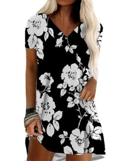 Women's T Shirt Dress Casual Dress Summer Dress Floral Print V Neck Mini Dress Fashion Modern Outdoor Daily Short Sleeve Loose Fit Black White Yellow Summer Spring S M L XL XXL
