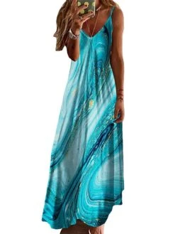 Women's Long Dress Maxi Dress Casual Dress Color Gradient Marbling Fashion Vacation Print Sleeveless Strap Dress Regular Fit Navy Blue Royal Blue Blue Summer Spring S M L XL XXL -BONIU Clothing Shop rspxff1681463530700