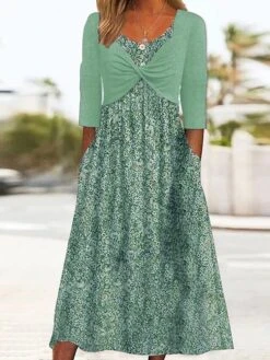 Women's Casual Dress A Line Dress Floral Dress Floral Button Pocket Crew Neck Midi Dress Fashion Streetwear Outdoor Daily 3/4 Length Sleeve Regular Fit Green Summer Spring S M L XL XXL