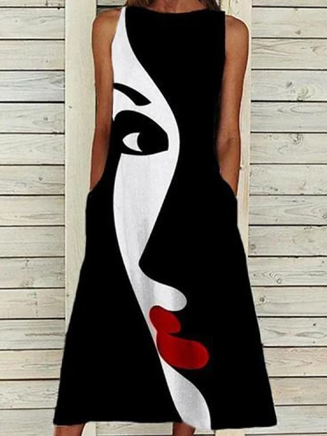 Women's Casual Dress Midi Dress Black Sleeveless Print Print Summer Spring Crew Neck Modern 2023 S M L XL XXL 3XL 3 Women's Casual Dress Midi Dress Black Sleeveless Print Print Summer Spring Crew Neck Modern 2023 S M L XL XXL 3XL