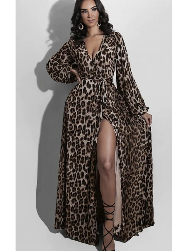 Women's Long Dress Maxi Dress Brown Long Sleeve Leopard Print Fall V Neck Winter Dress Fall Dress S M L XL XXL 3 Women's Long Dress Maxi Dress Brown Long Sleeve Leopard Print Fall V Neck Winter Dress Fall Dress S M L XL XXL