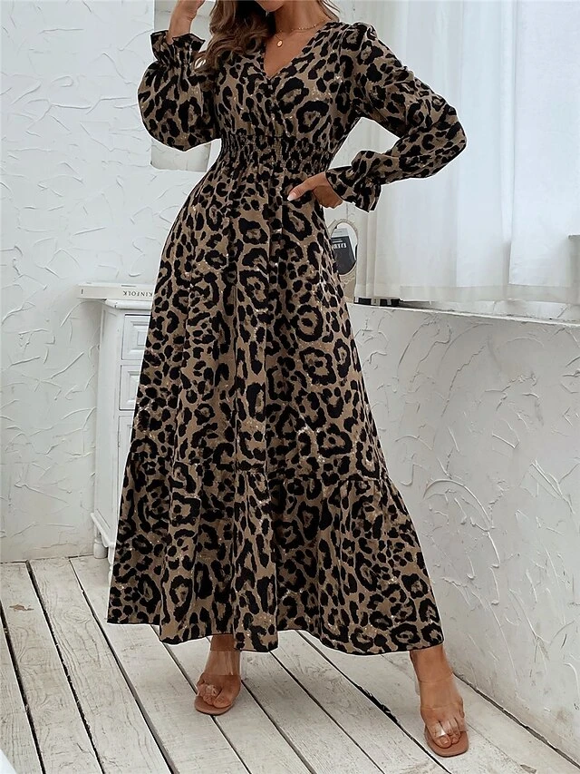 Women's Casual Dress Swing Dress A Line Dress Leopard Ditsy Floral Print V Neck Long Dress Maxi Dress Active Fashion Outdoor Street Long Sleeve Loose Fit Brown Gray Fall Winter S M L XL XXL 4 Women's Casual Dress Swing Dress A Line Dress Leopard Ditsy Floral Print V Neck Long Dress Maxi Dress Active Fashion Outdoor Street Long Sleeve Loose Fit Brown Gray Fall Winter S M L XL XXL - Image 2