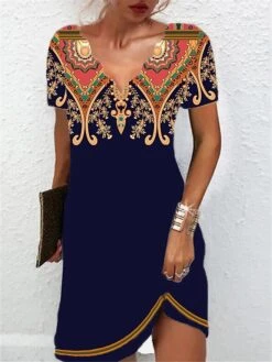 Women's Casual Dress Ethnic Dress Summer Dress Floral Print V Neck Mini Dress Vintage Ethnic Outdoor Daily Short Sleeve Regular Fit Navy Blue Summer Spring S M L XL XXL